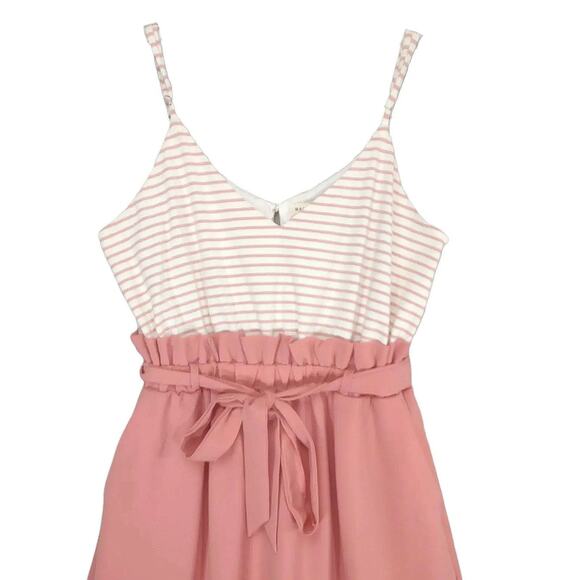 Main Strip Sz S Pink Striped High Waist Tie Belt Spaghetti Strap Maxi Dress Boho - Picture 4 of 6